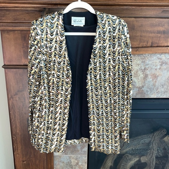 Sequin black gold silver all over vintage evening jacket formal cocktail small - Picture 1 of 11